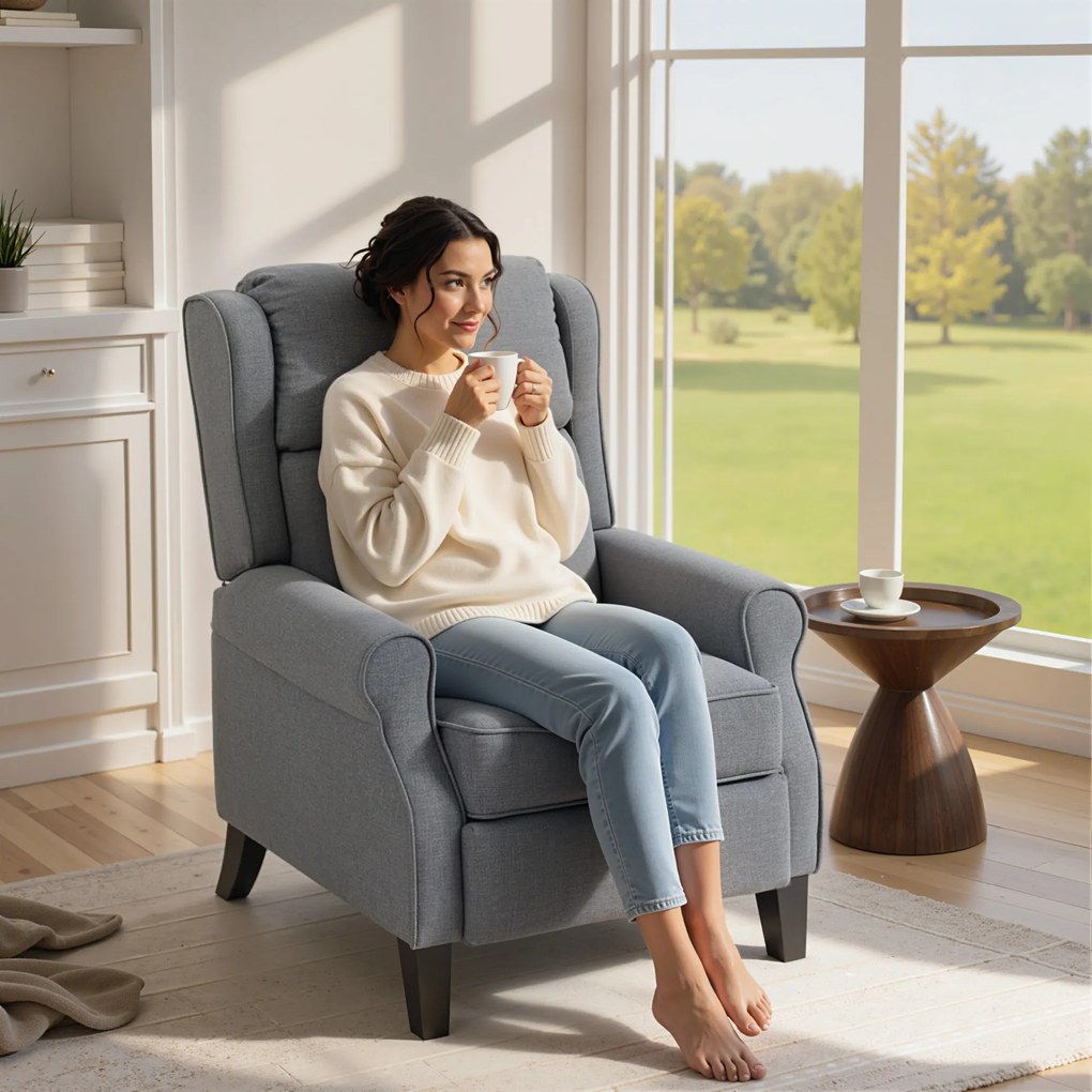 HOMCOM Fotoliu Reclinabil 132° max din Țesătură cu Efect de In cu Suport pentru Picioare, 74x84x102 cm, Gri | Aosom Romania