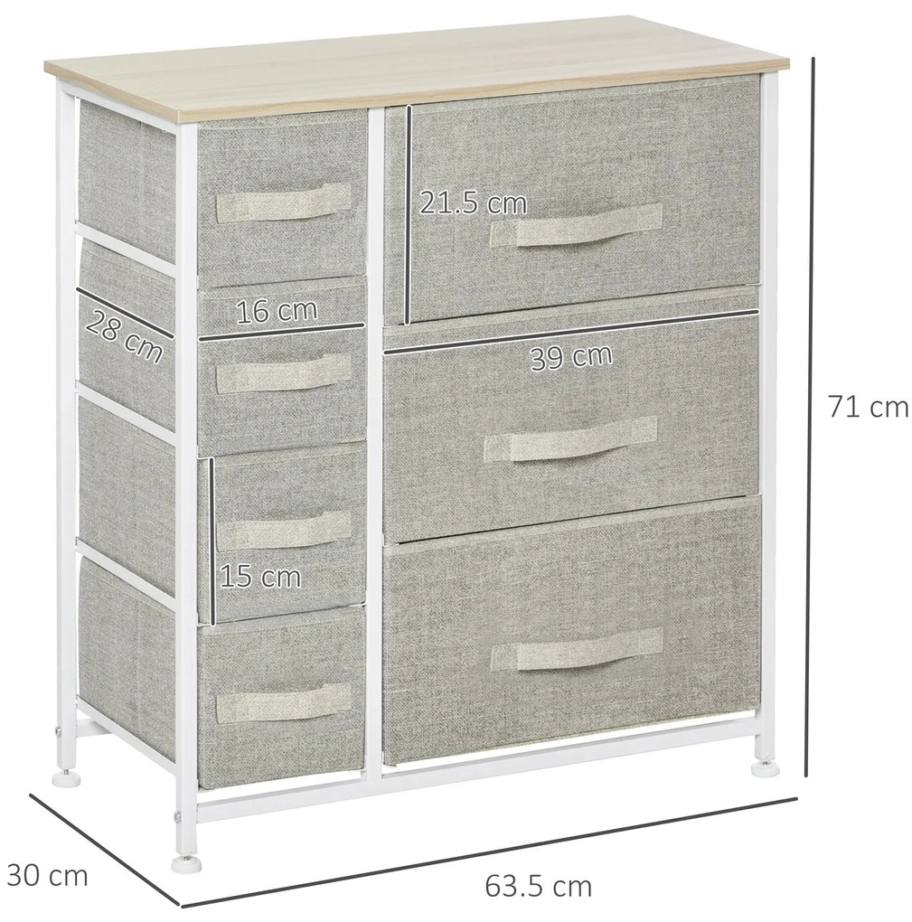 HOMCOM Comodă, Bufet, 7 sertare pliabile din material textil, Structură metalică, 63,5 x 30 x 71 cm, Gri deschis | Aosom Romania
