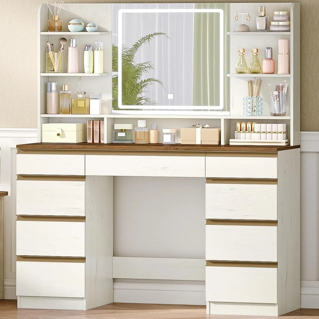 Masuta machiaj cu Oglinda LED si 9 Sertare pentru Cosmetice, Set Masa toaleta 109 cm, Alb, masuta cosmetica, vanity - SEA18