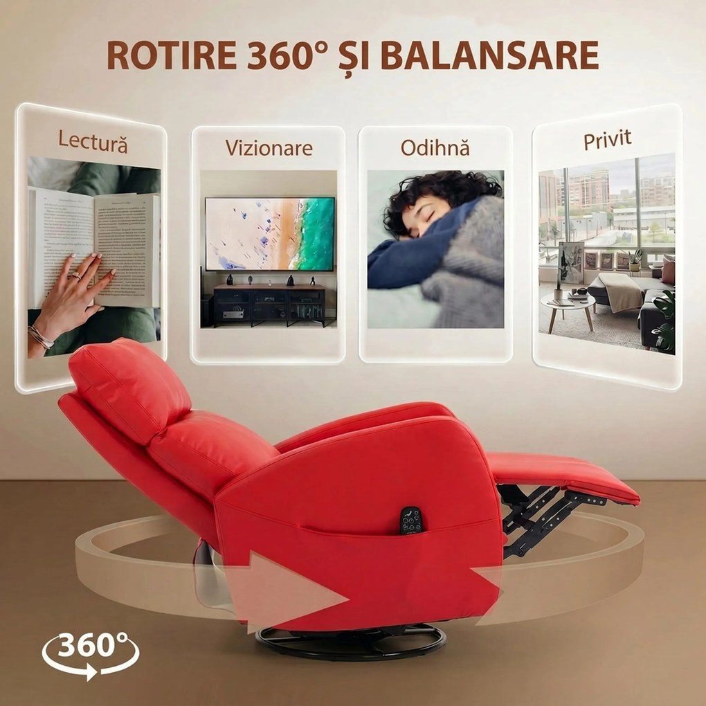 HOMCOM Fotoliu Masaj Reclinabil Cu Încălzire, Gireabil Din Piele PU Cu Suport Pentru Picioare și Telecomandă, Roșu | Aosom Romania
