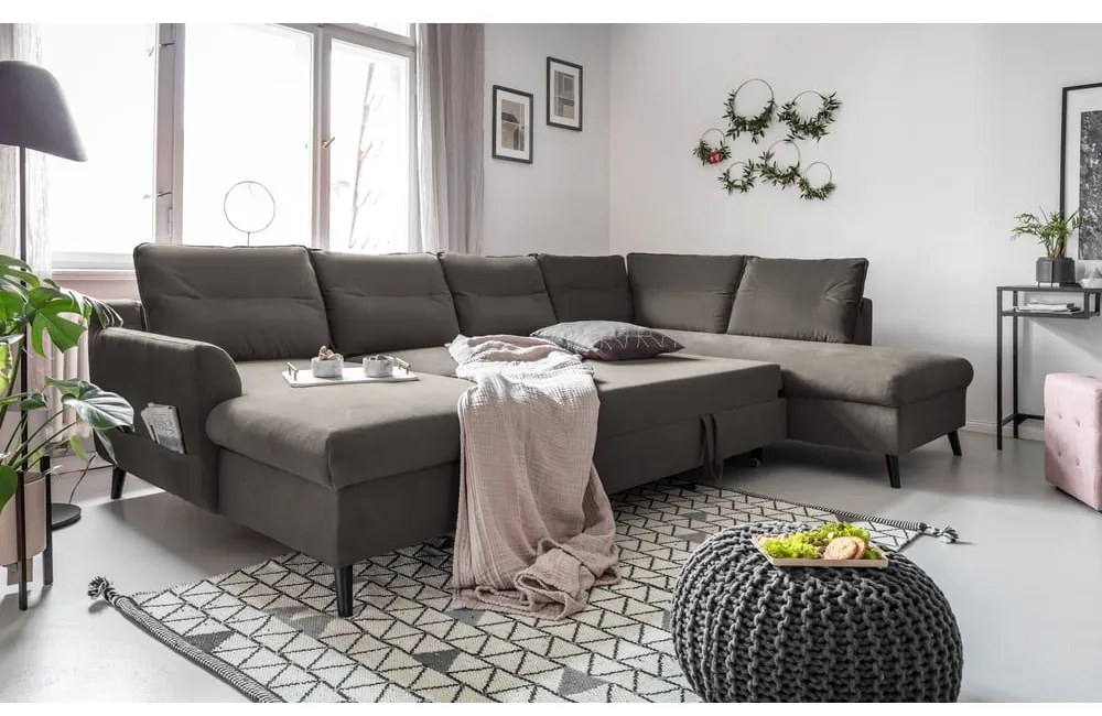 Canapea extensibilă din catifea în formă de „U” cu șezlong pe partea dreaptă Miuform Stylish Stan, gri închis