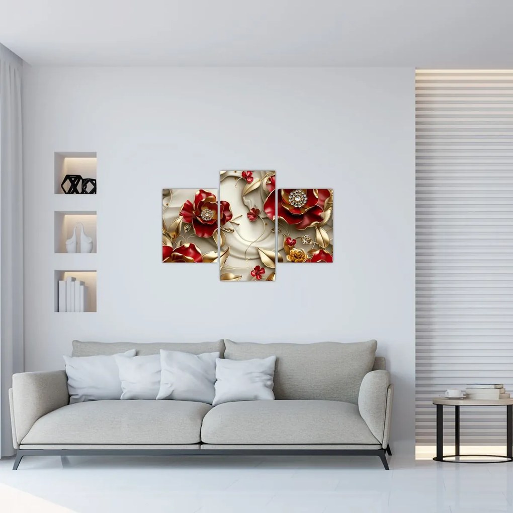 Tablou - Flori 3D Roșu-Auriu (90x60 cm)
