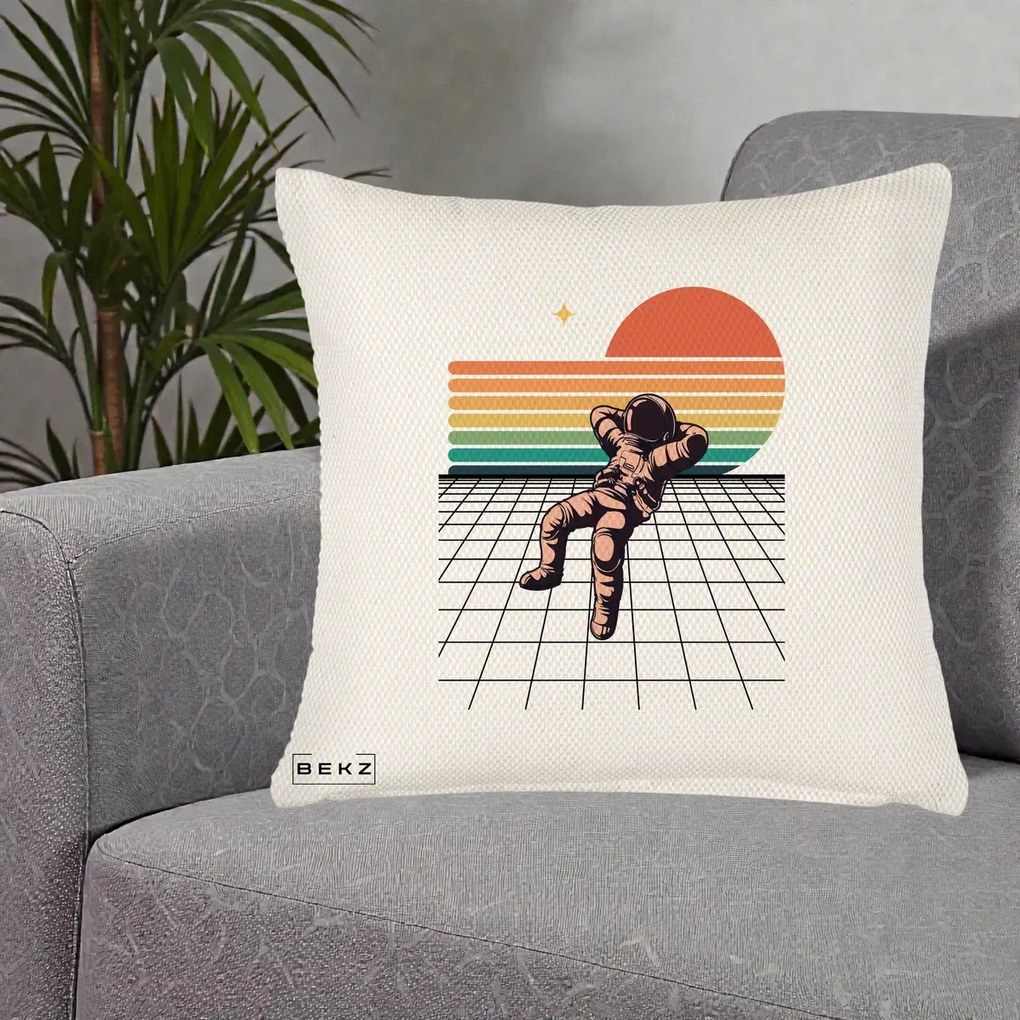 Perna Decorativa Astronaut Retro Space, 40x40 cm, Crem Reliefat, Husa Detasabila, Perna Inclusa, BEKZ®