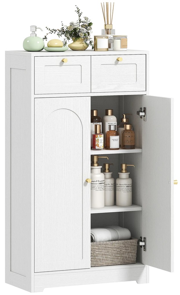 HOMCOM Mobilier de baie mobilier de depozitare cu 2 sertare uși duble arcuite etajere reglabile 60x30x108cm alb | Aosom Romania