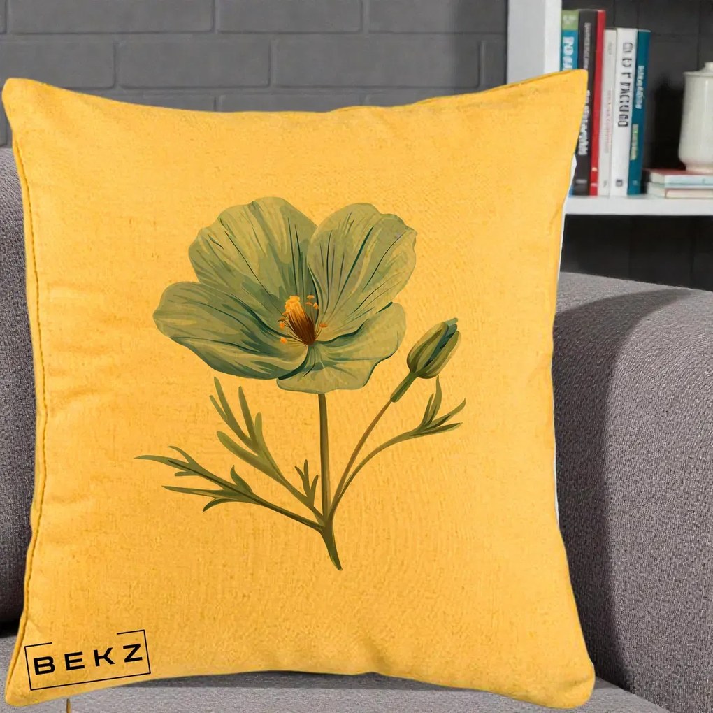 Perna Decorativa Mac Albastru Acuarela, 40x40 cm, Galben, Husa Detasabila, Perna Inclusa, BEKZ®