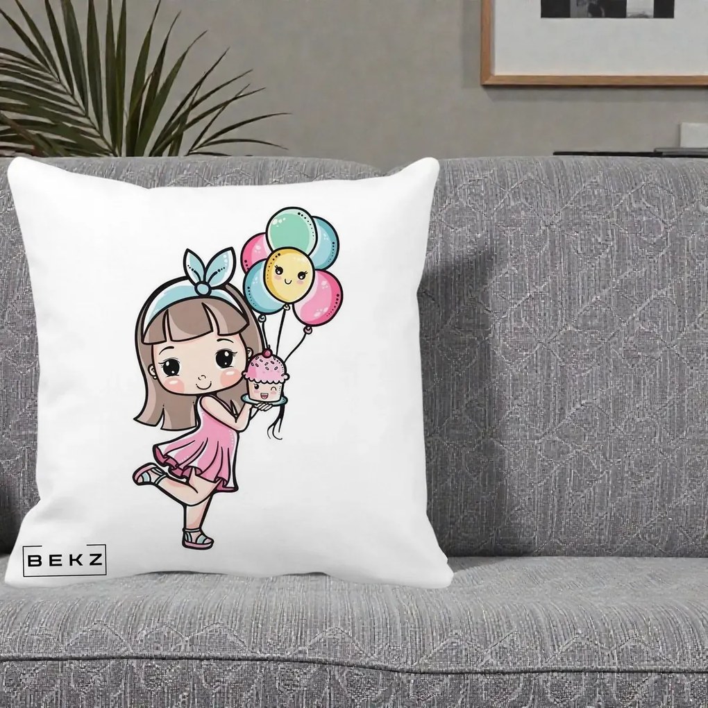 Perna Decorativa Fetita Kawaii cu Baloane si Cupcake, 40x40 cm, Alba Mata, Husa Detasabila, Perna Inclusa, BEKZ®
