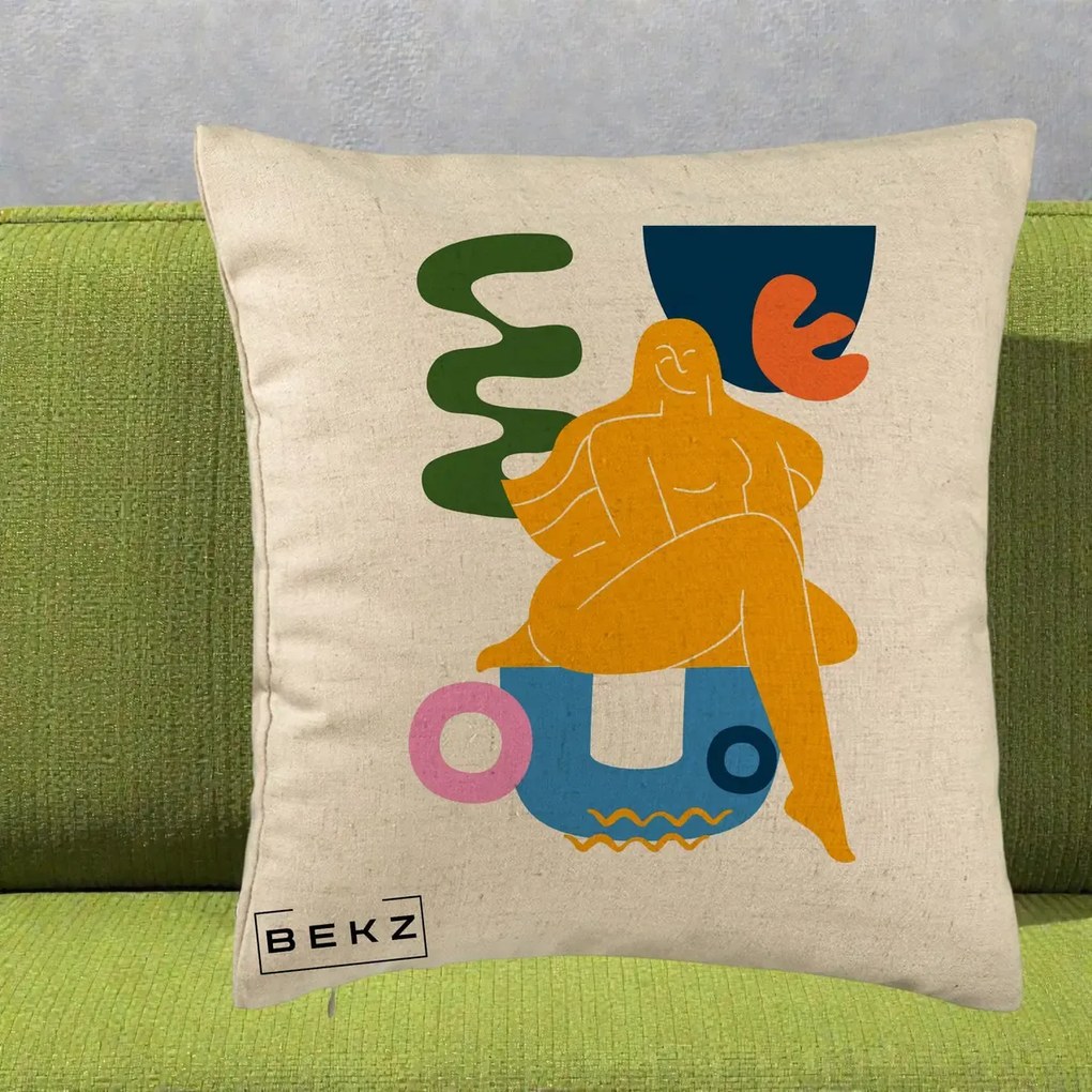 Perna Decorativa Femeie Relaxata Abstract, 40x40 cm, Bej, Husa Detasabila, Perna Inclusa, BEKZ®