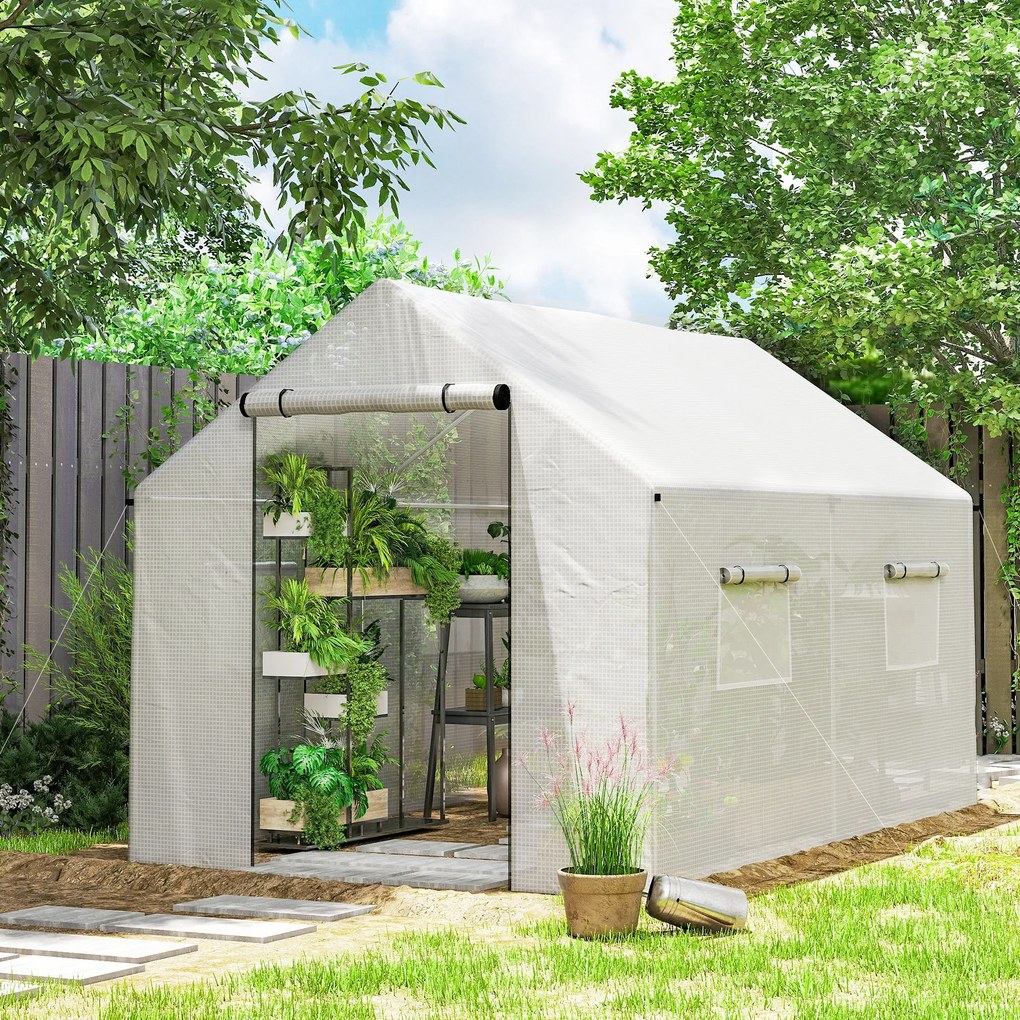 Outsunny Seră de Grădină Tip Tunel 2x3x2 m cu Uși și Ferestre Rulabile, Seră pentru Plante cu Acoperiș Înclinat, Structură din Oțel și Acoperire PE, Anti UV, Alb | Aosom Romania