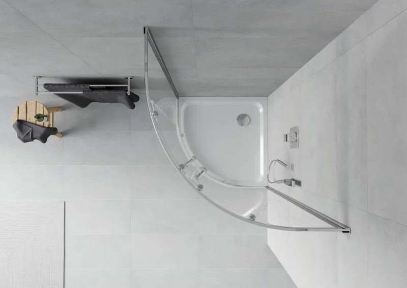 Mexen Rio cabina de duș semirotundă 90 x 90 cm, transparentă, cromată + cădiță Flat, albă - 863-090-090-01-00-4110
