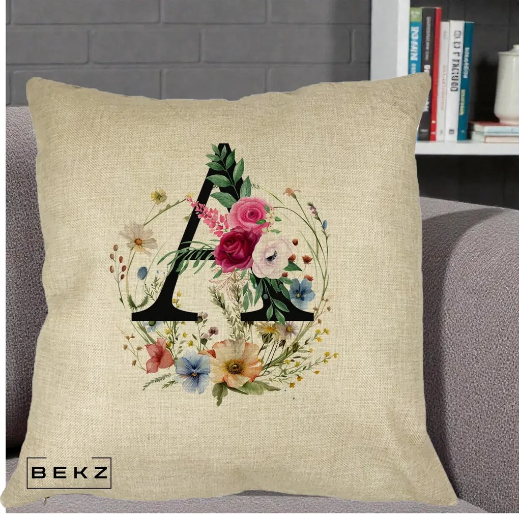 Cadou Personalizat - Perna Personalizata Monogram Litera A cu Flori Acuarela, 40x40 cm, Crem, Husa Detasabila, Perna Inclusa, BEKZ®