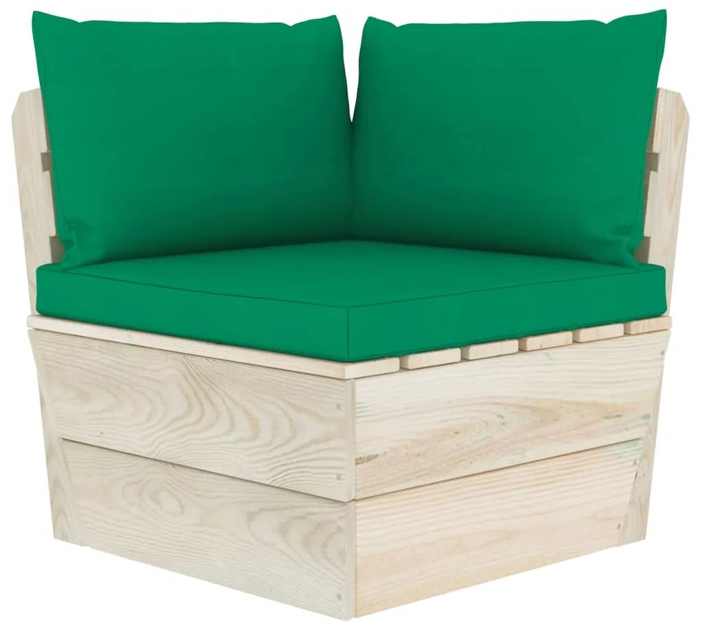 Set mobilier gradina din paleti cu perne, 12 piese, lemn molid Verde, 3x colt + 5x mijloc + 2x masa + 2x suport pentru picioare, 1