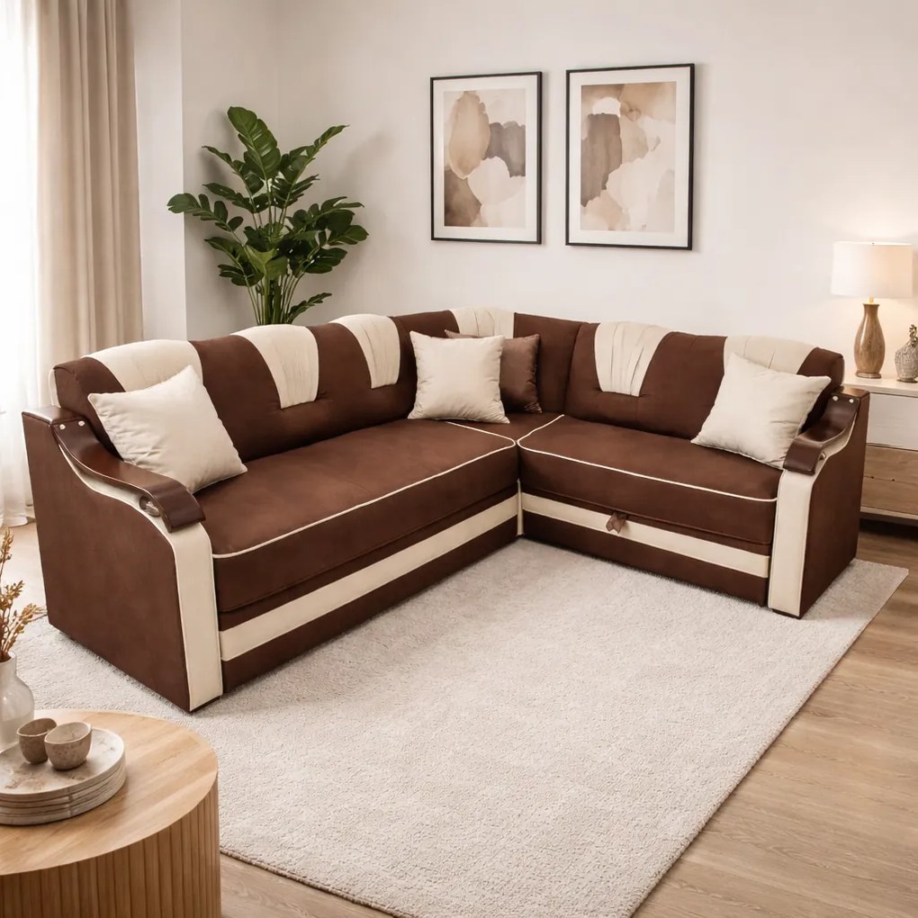 Coltar VALAHIA extensibil, lada de depozitare, stofa crem cu maro, 270x220x90 Maro + Crem