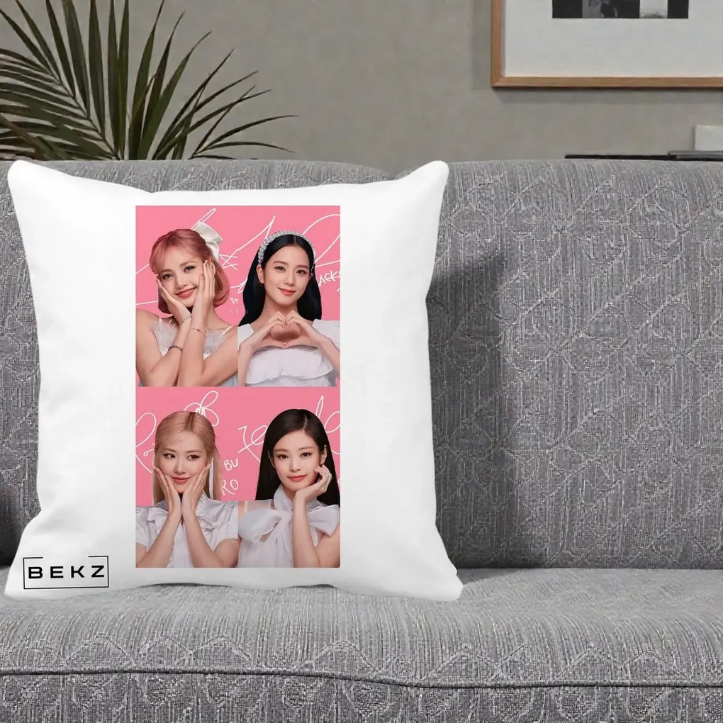 Perna Personalizata K-pop BLACKPINK Colaj Roz, 40x40 cm, Alba Mata, Husa Detasabila, Perna Inclusa, BEKZ®