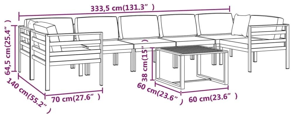 Set mobilier de gradina cu perne, 8 piese, antracit, aluminiu 4x colt + 3x mijloc + masa, 1