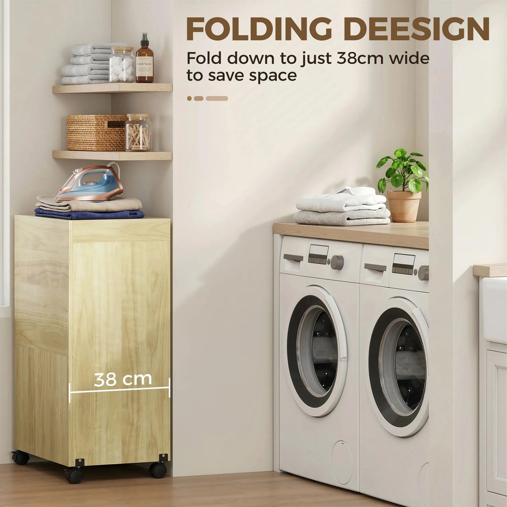 HOMCOM Dulap Masă de Călcat Rabatabilă cu Roți și Suport pentru Fier de Călcat, Dulap Multifuncțional cu Rafturi, Compartiment Deschis, pentru Spălătorie, Baie, 154x55x87 cm, Lemn Natural | Aosom Romania