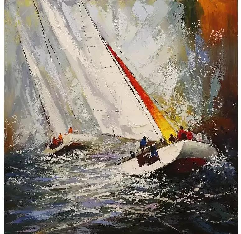 Tablou pictat manual Boats at sea 120 x 120 cm