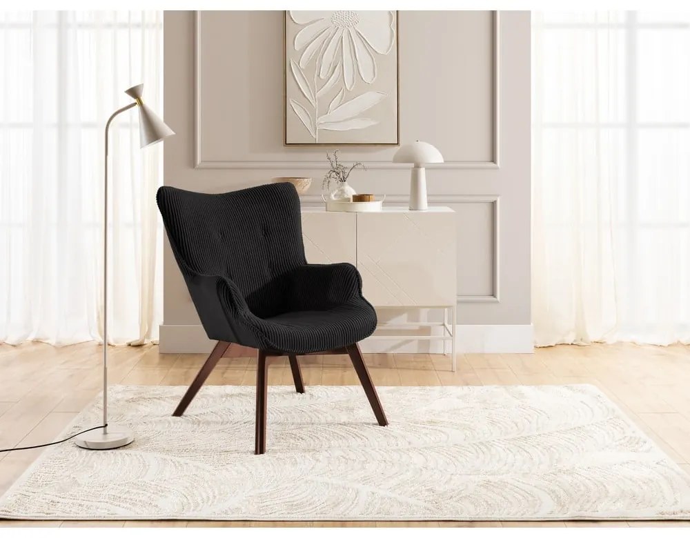 Fotoliu cu taburet negru cu tapițerie din catifea reiată Niko – Ropez
