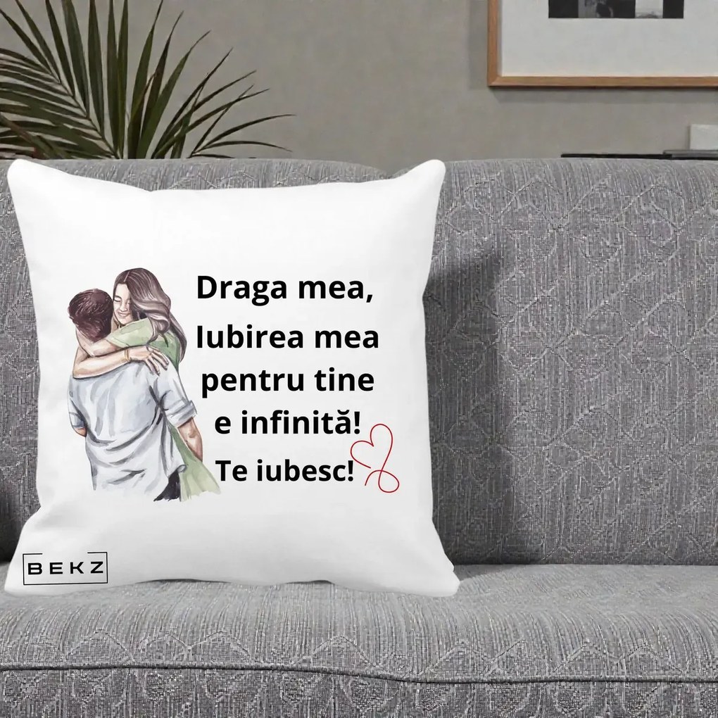 Cadou pentru Iubita - Perna Personalizata Draga Mea Iubirea Mea Infinita Te Iubesc cu Cuplu Acuarela, 40x40 cm, Alba Mata, Husa Detasabila, Perna Inclusa, BEKZ®