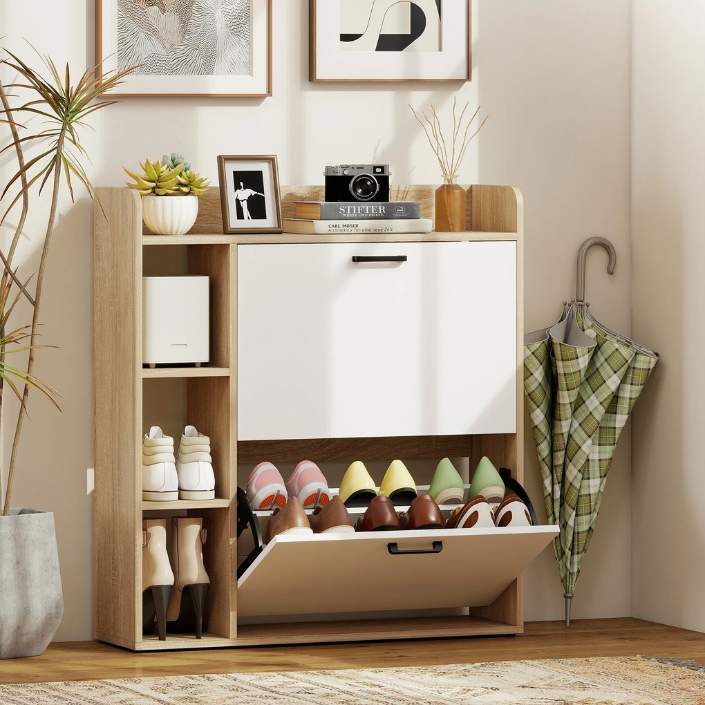HOMCOM Dulap Slim pentru Pantofi cu 2 Sertare Rabatabile și 3 Compartimente, Capacitate 15 Perechi, 83x24x90,5 cm, Lemn și Alb | Aosom Romania