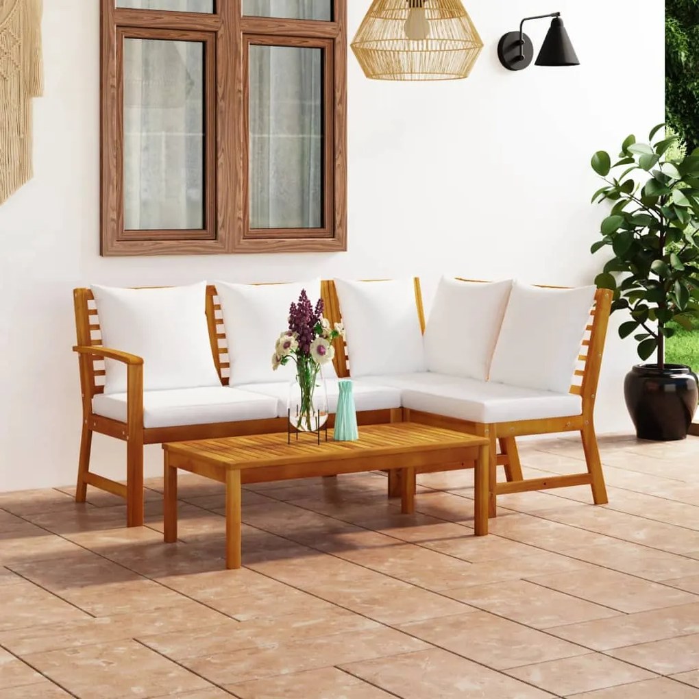 3057771 vidaXL Set mobilier de grădină, 4 piese, perne crem, lemn masiv acacia