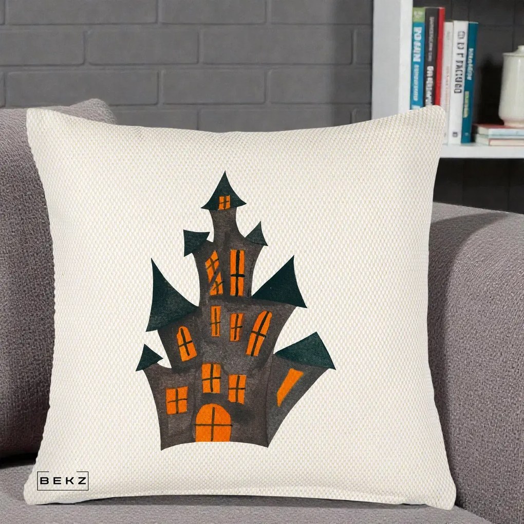 Perna Decorativa Halloween Casa Bantuita Minimalista, 40x40 cm, Crem Reliefat, Husa Detasabila, Perna Inclusa, BEKZ®