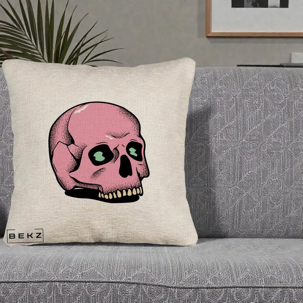 Perna Decorativa Craniu Roz Tatoo Art Halloween, 40x40 cm, Bej Canapea, Husa Detasabila, Perna Inclusa, BEKZ®