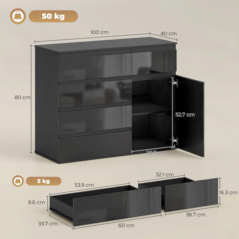 HOMCOM Sideboard modern, sideboard de depozitare cu 5 sertare, raft reglabil, ușă Soft-Close, negru lucios | Aosom Romania
