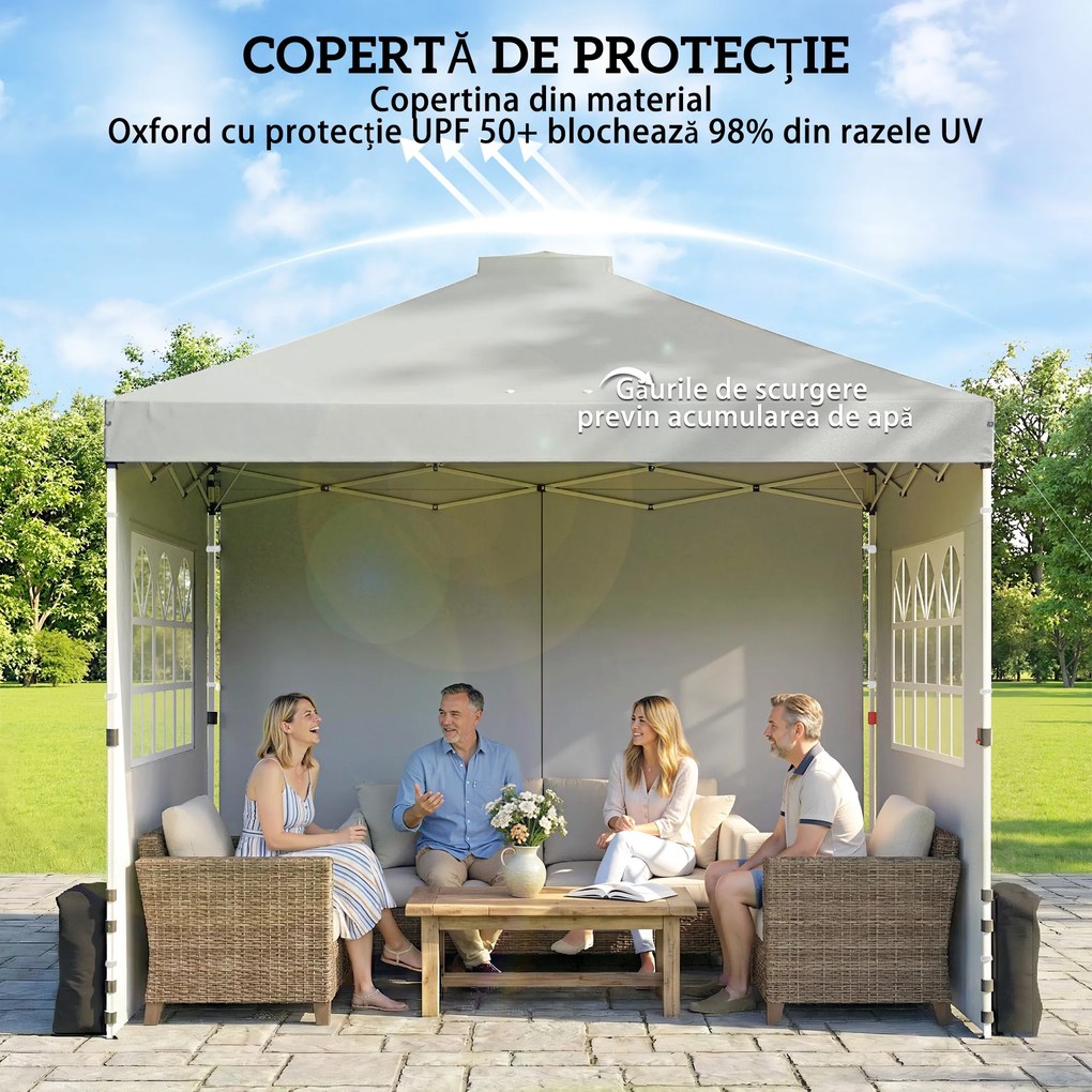 Outsunny Pavilion 3x3 m impermeabil reglabil pe înălțime pop-up pliant cu 3 pereți laterali ferestre ventilație, UV 50+ Gri deschis | Aosom Romania