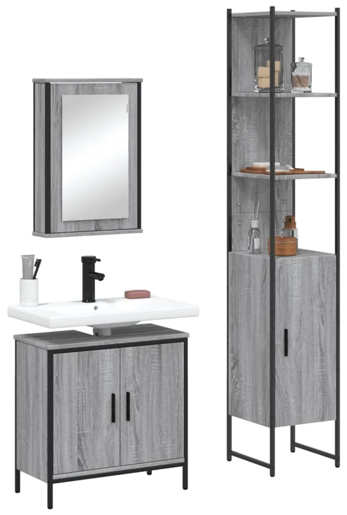 vidaXL Set mobilier de baie, 3 piese, gri sonoma, lemn prelucrat