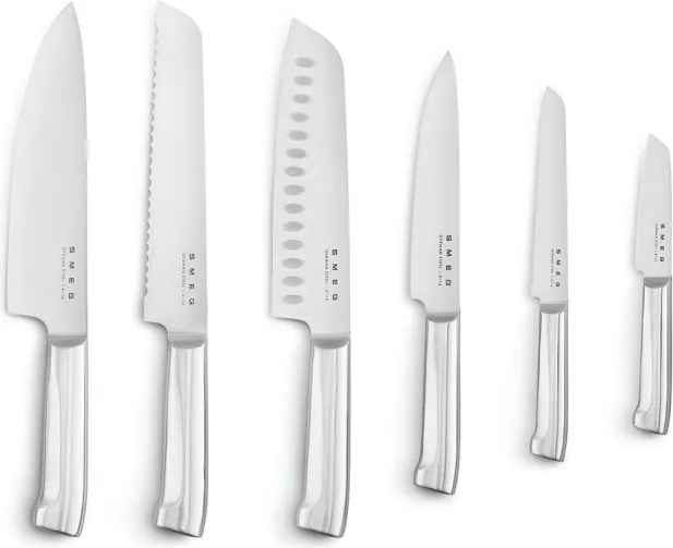 Set de cutite cu suport SMEG KBSF02PB, 7 piese, Manere din lemn de salcam, Otel inoxidabil german, Albastru pastel
