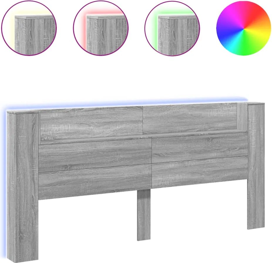 vidaXL Tăblie de pat cu dulap și LED, gri sonoma, 220x16,5x103,5 cm