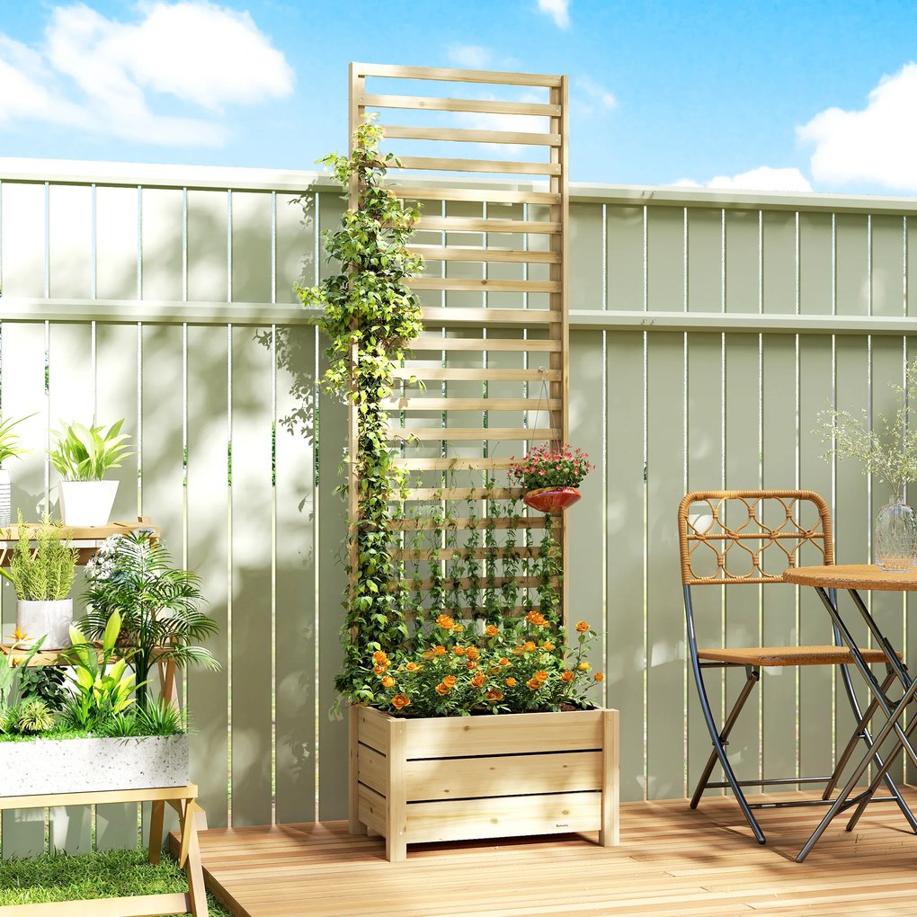 Outsunny Pat înălțat cu spalier din lemn, jardiniere înălțată cu spalier, orificiu de scurgere, căptușeală textilă, 60 x 39 x 200 cm, lemn natural | Aosom Romania