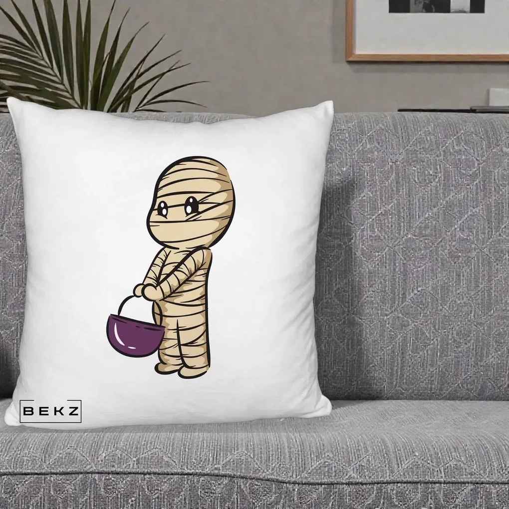 Perna Decorativa Halloween Mummy Kawaii cu Cos, 40x40 cm, Alb Pufos, Husa Detasabila, Perna Inclusa, BEKZ®