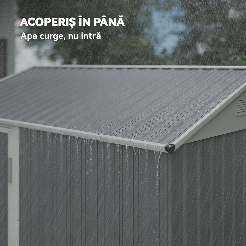 Outsunny Depozit de Grădină Înalt de 3.51m² din Oțel Galvanizat cu Guri de Ventilație, Căsuță de Grădină cu Ușă Blocabilă, Acoperiș Înclinat, Mănuși, Depozit pentru Unelte, 209x177x236 cm, Argintiu Gri | Aosom Romania