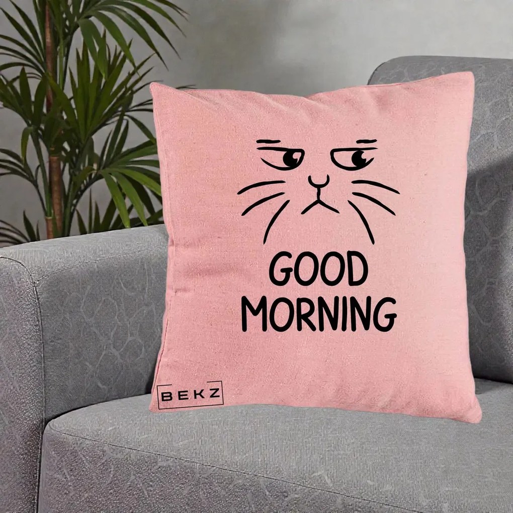 Perna Decorativa Pisica Morocanoasa Good Morning, 40x40 cm, Roz, Husa Detasabila, Perna Inclusa, BEKZ®
