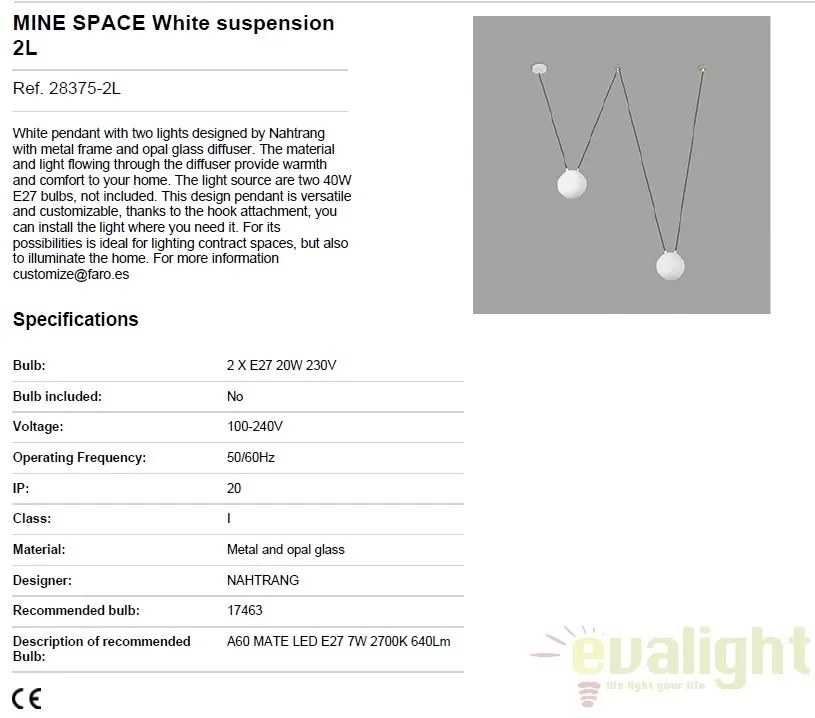 Lustra cu 2 pendule design modern MINE SPACE White 28375-2L