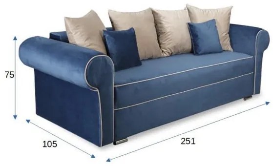 Canapea Extensibila Cu 3 Locuri Sofia, Albastru Si Bej, Lada Depozitare, 251 x 105 x 75 Cm