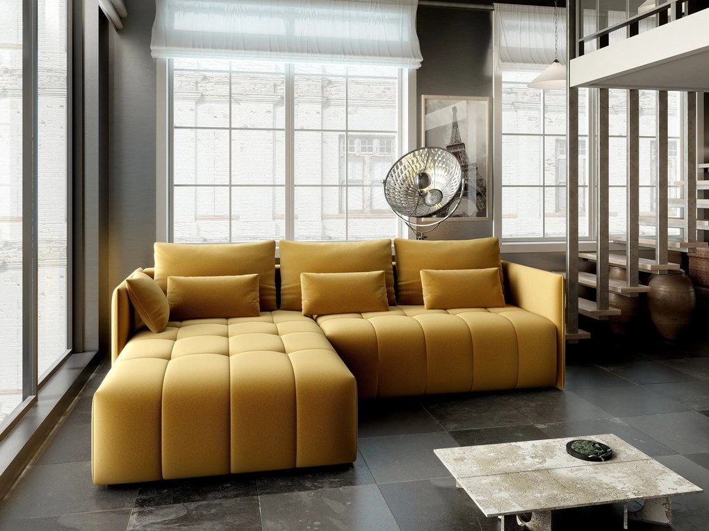 Colțar extensibil dumonde cu ladă de depozitare si sezut confortabil din spuma high-density, Malta Royal Muștar 235x185 cm