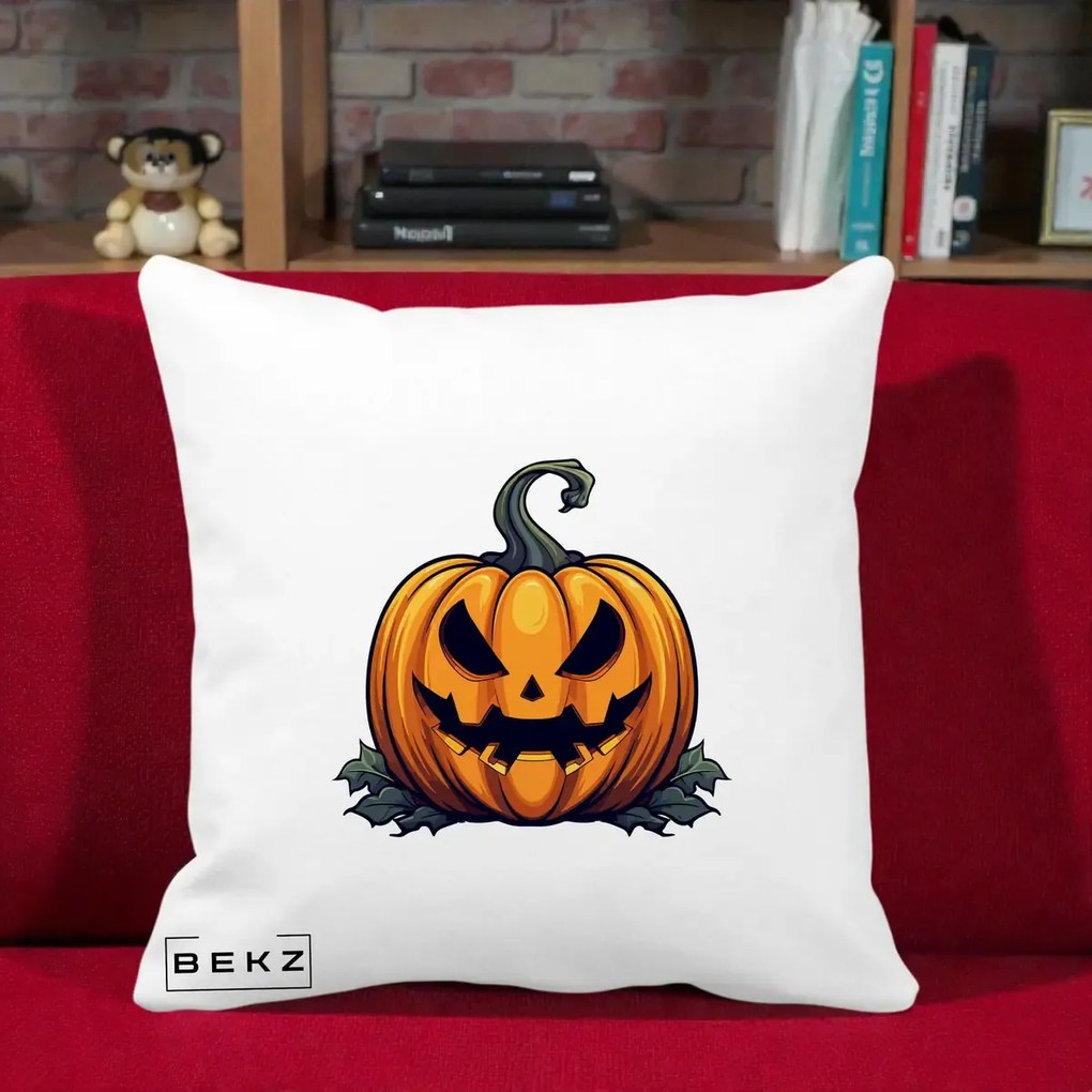 Perna Decorativa Halloween Jack-o'-Lantern Infricosator, 40x40 cm, Alba Mata, Husa Detasabila, Perna Inclusa, BEKZ®