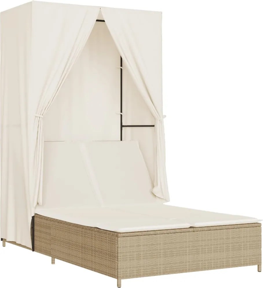 vidaXL Șezlong de plajă dublu cu acoperiș și perdele, bej, poliratan