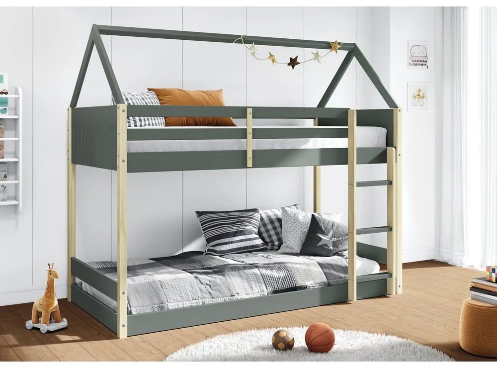 Pat pentru copii în culoare naturală/verde prăfuit de tip casă/supraetajat cu somieră 90x190 cm Valka – Marckeric