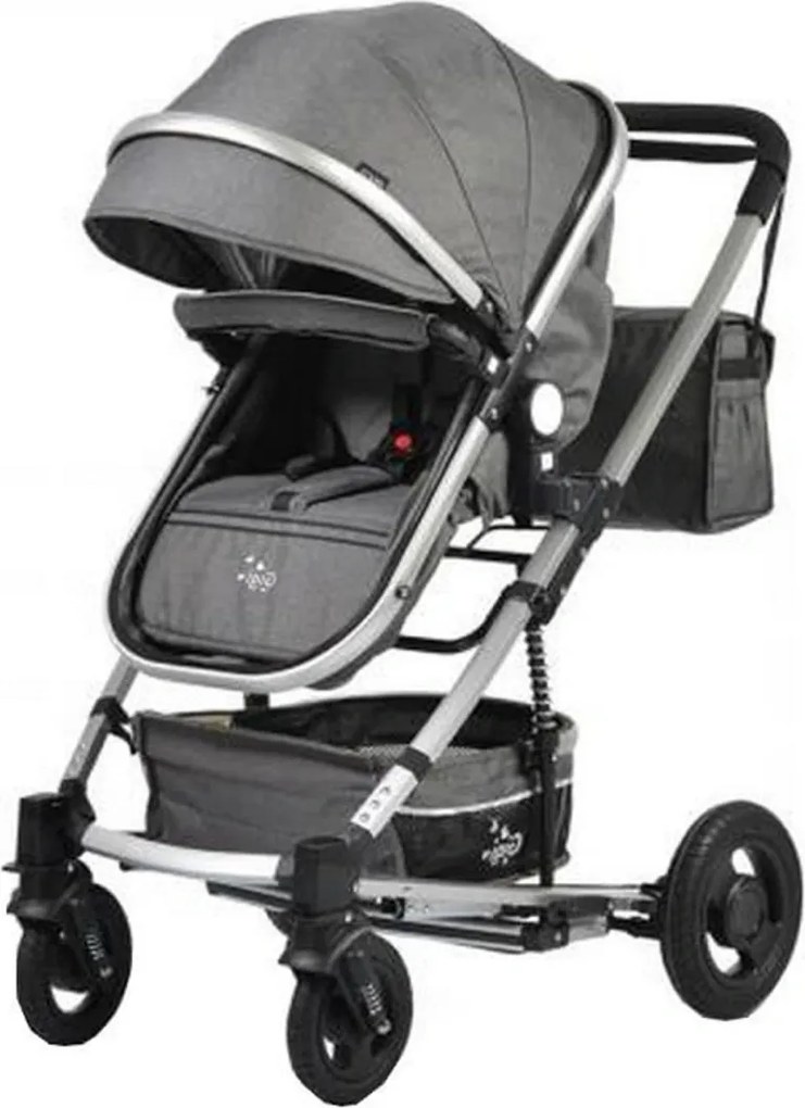 Carucior nou nascuti 2 in 1 NOVOKIDS™ GIGI PRO , Cu geanta bebe inclusa, Roti din cauciuc plin AVE, Cadru aluminiu Silver, Maner reversibil, Spatar