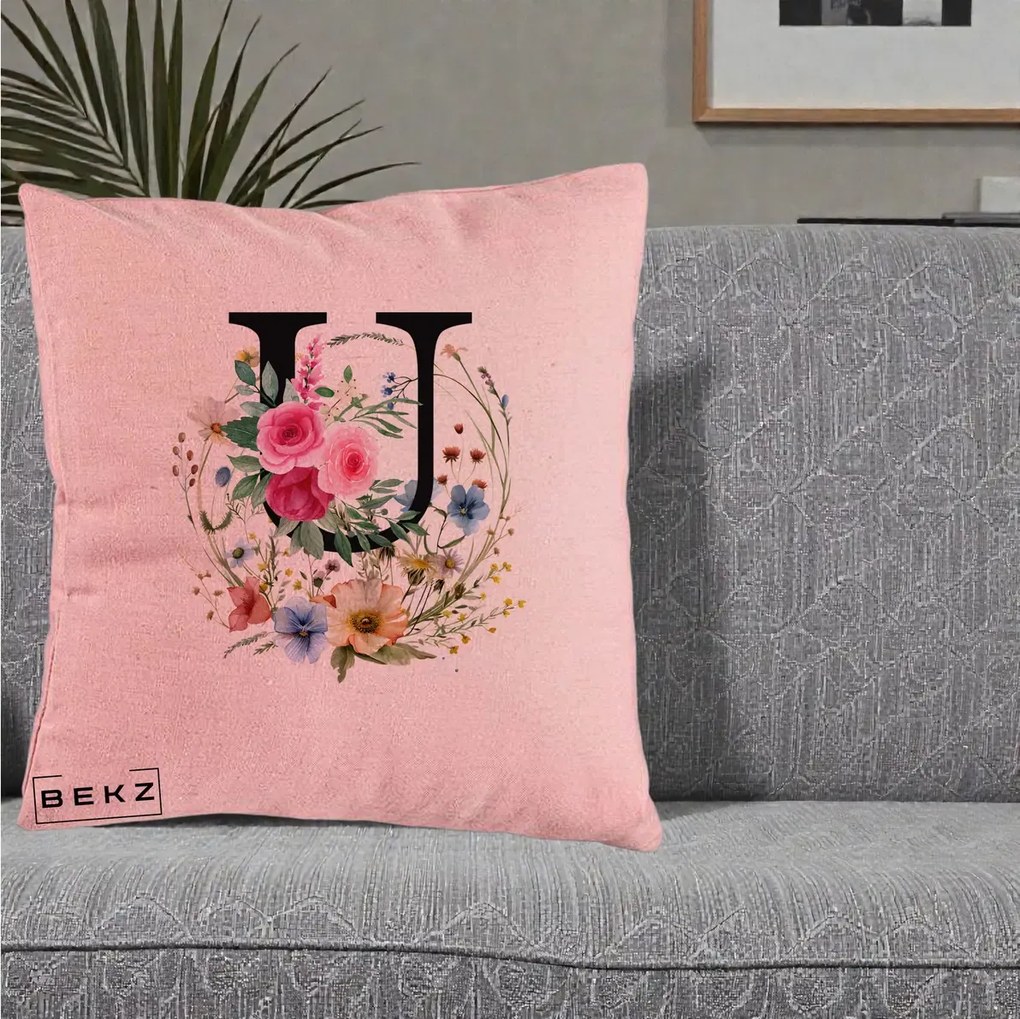 Cadou Personalizat - Perna Personalizata Monogram Litera U cu Flori Acuarela, 40x40 cm, Roz, Husa Detasabila, Perna Inclusa, BEKZ®
