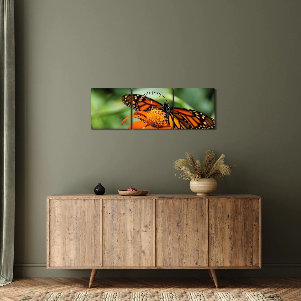 Tablou cu fluture pe floare (cu ceas) (90x30 cm)