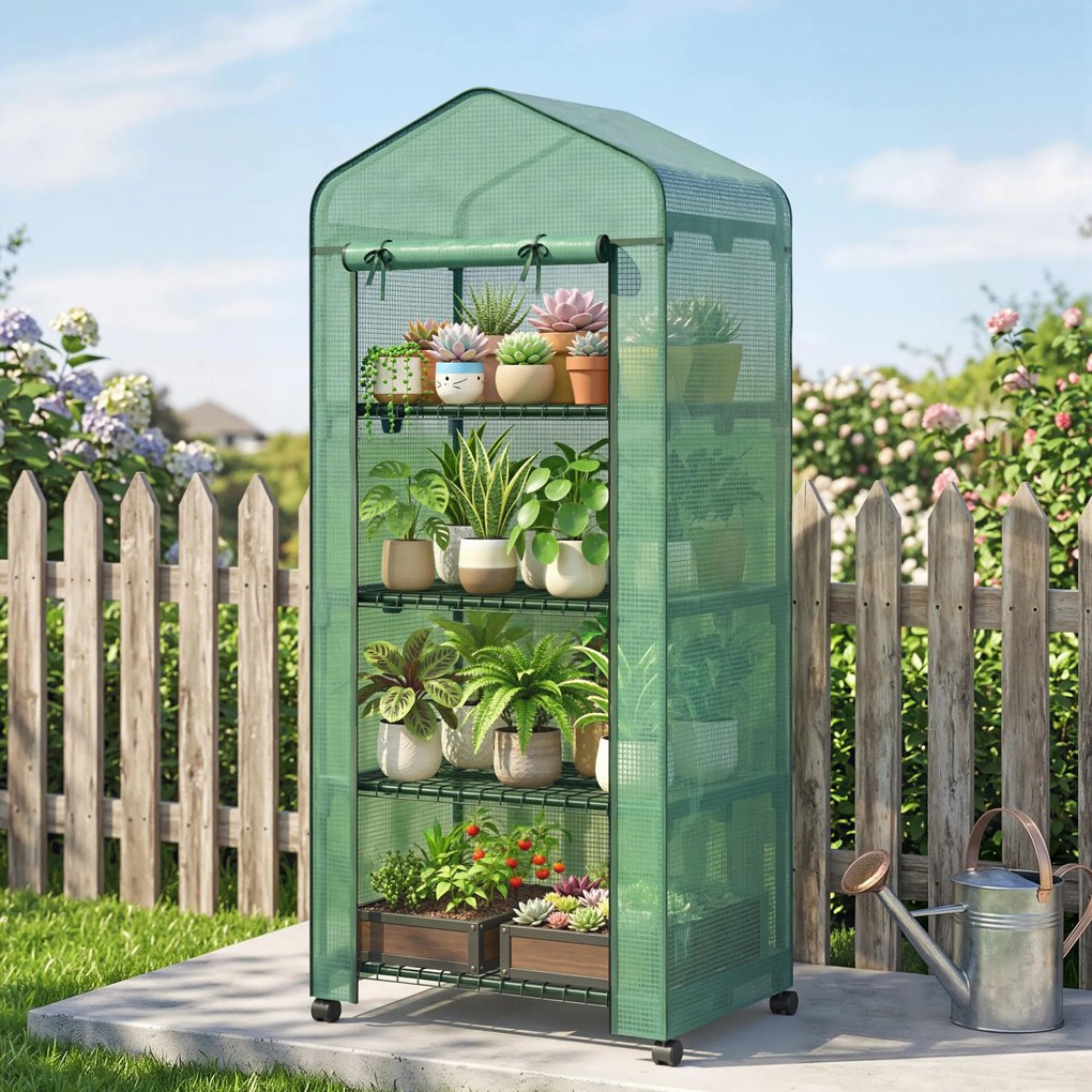 Outsunny Seră Portabilă, Seră pentru Flori și Plante pentru Exterior cu 4 Rafturi, Prelată PE, Verde | Aosom Romania