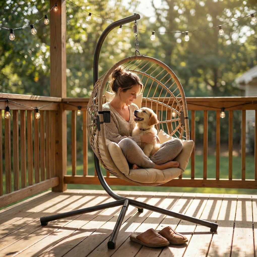 Outsunny Fotoliu tip ou suspendat, Scaun hamac/leagăn interior și exterior, Coș pliabil, Pernă căptușită, Kaki | Aosom Romania