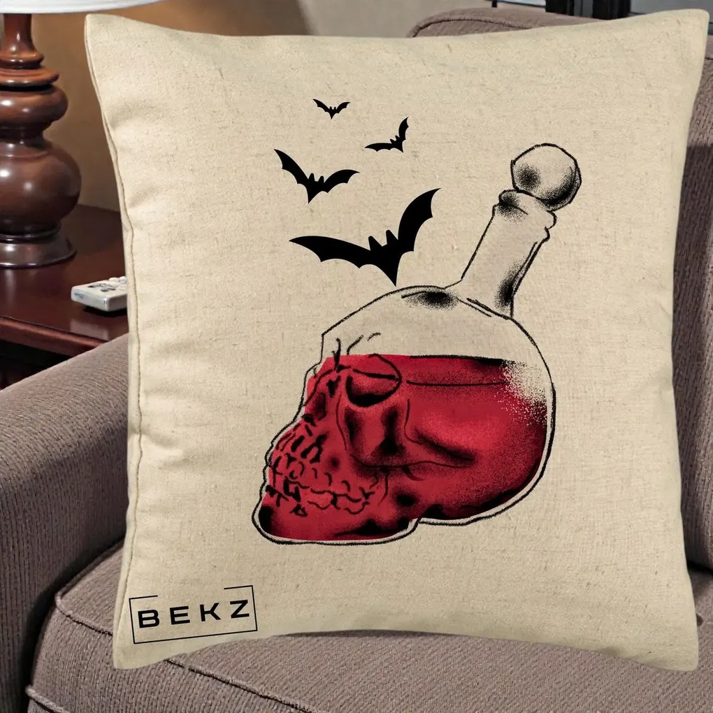 Perna Decorativa Halloween Craniu-Sticla cu Lilieci, 40x40 cm, Bej, Husa Detasabila, Perna Inclusa, BEKZ®
