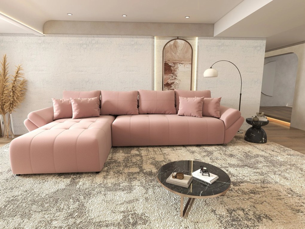 Colțar extensibil dumonde cu ladă de depozitare si sezut confortabil din spuma high-density, Berlin XL Royal Roz 350x185 cm