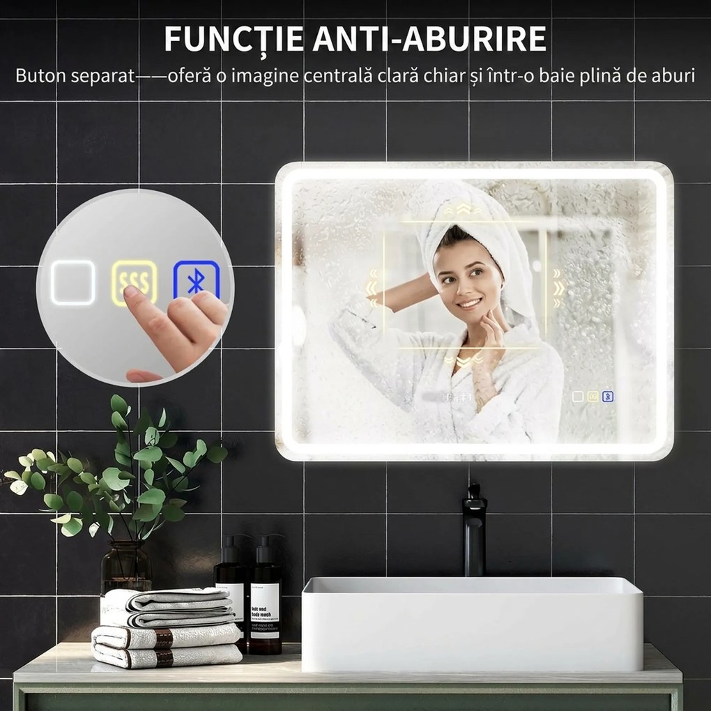 HOMCOM Oglindă de Baie LED cu Bluetooth, Iluminare Reglabilă și Funcție de Memorare, din Sticlă Securizată, 80 x 2.9 x 60 cm | Aosom Romania