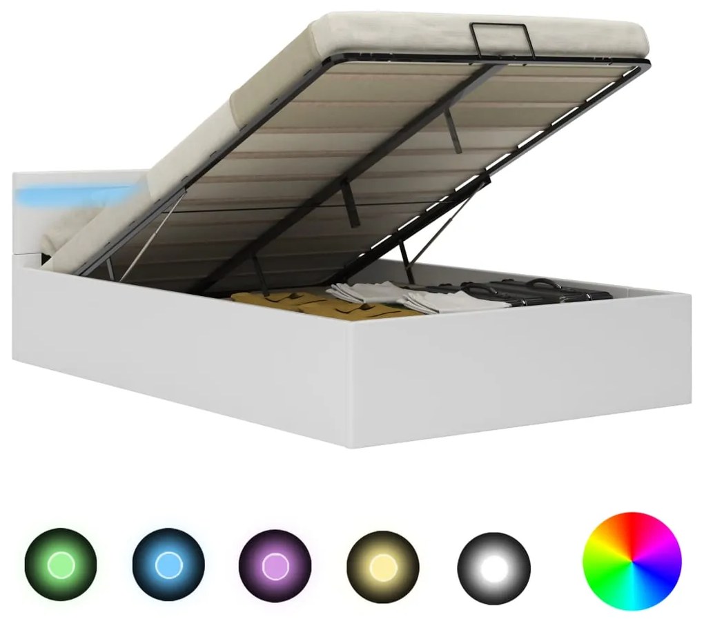 285549 vidaXL Cadru pat hidraulic ladă cu LED alb 140x200 cm piele ecologică